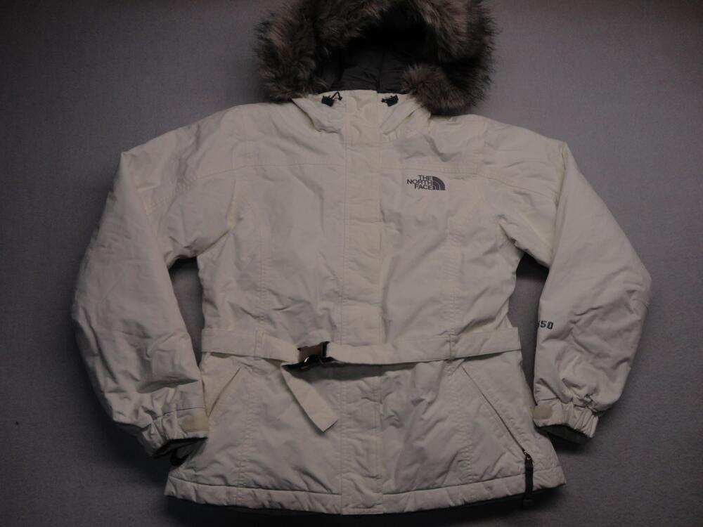 The North Face Coat Womens Medium White 550 Down Hooded Belted Parka Fur Trim
